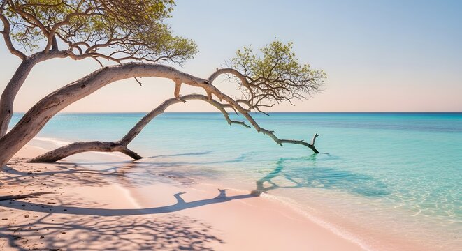 Beautiful bare tree leaning over clear turquoise ocean water. Tropical island vacation and relaxation concept. Tree casting shadows on a white sand beach