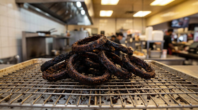 Pile of burnt onion rings cooling on rack in busy commercial kitchen, food waste, cooking failure, overcooked side dish, restaurant quality control concept, hospitality operations problem