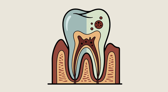 Cross section of a decayed tooth with cavities and root canal showing internal structure