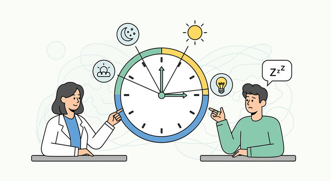 Doctor explains circadian rhythm and sleep cycle to patient with clock illustration
