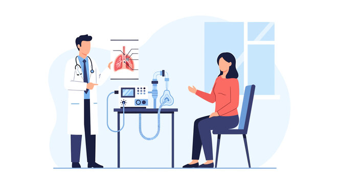 Doctor performing lung function test on patient with spirometer in clinic