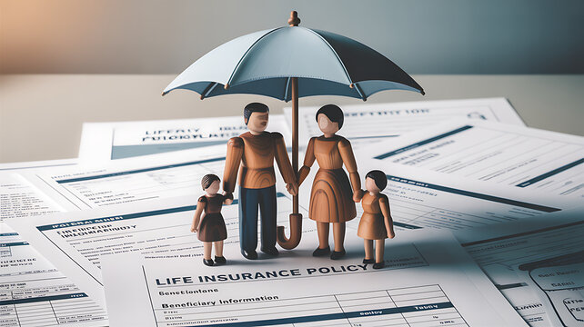 Life insurance concept showing family protection with wooden figures under umbrella on financial documents. Represents coverage, beneficiaries, income security, financial planning.

