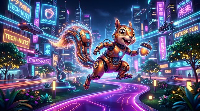 Adorable futuristic robotic squirrel holding a glowing acorn while jumping through a vibrant neon cyberpunk city filled with holographic signs, futuristic vehicles, and colorful lights. Cute AI anima