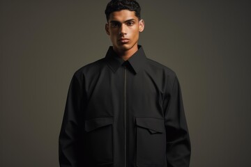 Obraz premium Studio shot of a male fashion model showcasing a contemporary black overshirt with a front zipper and pockets, exuding confidence and style