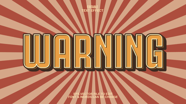 Warning editable text effect, retro 3d comic style on sunburst background