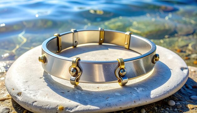 Segmented steel neck guard with overlapping plates and brass trim resting on a smooth stone by the sunny shore, this medieval gorget armor piece gleams in the bright cinematic coastal light.