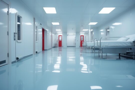 Modern hospital corridor with empty gurney beds and red doors, ready for incoming patients