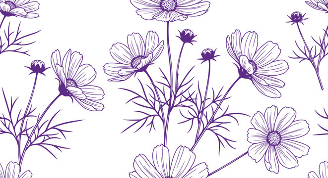 Purple floral fabric pattern vector seamless design with hand-drawn cosmos flowers