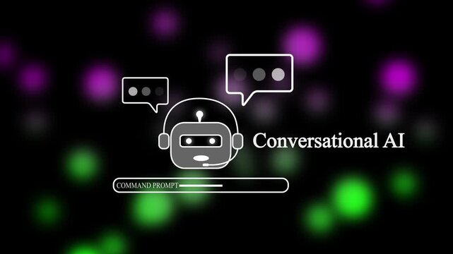 Advanced Conversational AI Animation with Robot Head Icon and Glowing Speech Bubbles for Natural Language Processing and Digital Virtual Assistant Technology Concepts.