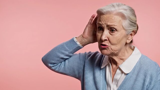 caucasian elderly woman holding hand near ear, having hearing difficulties on pink background. senior deafness, communication problem and aging health, medical  concept, healthcare.