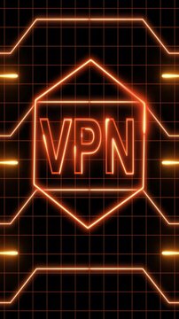 Neon VPN logo on futuristic circuit board background. Neon VPN logo with orange glow. Neon VPN logo digital data security connection.