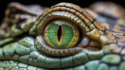 Fototapeta premium Extreme close up macro photo of a green crocodile eye strongly contrasting in color against the reptile skin texture, medical advertising style