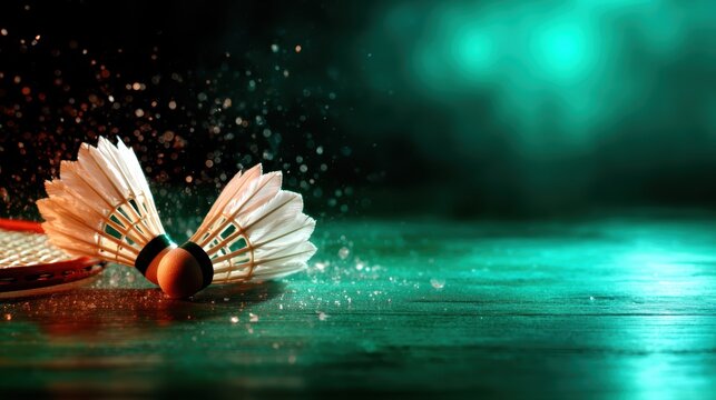 An artistic shot of a badminton shuttlecock lying on a textured surface, complemented by a racket, capturing the essence of sportsmanship and dynamic movement.