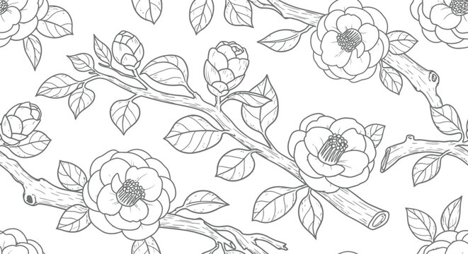 Hand-drawn floral fabric pattern vector with camellia flowers and branches seamless background
