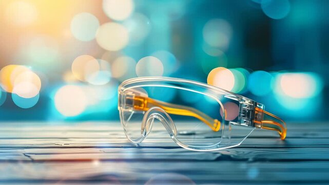 Safety Glasses on Futuristic Tech Background with Bokeh Lights