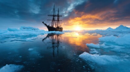 Obraz premium An old sailing ship navigates through icy waters against a stunning sunset backdrop, capturing the essence of adventure and the beauty of nature's contrasts.