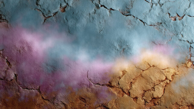 Cracked wall texture with blue, purple, and brown colors blending, creating abstract, weathered, artistic background effect