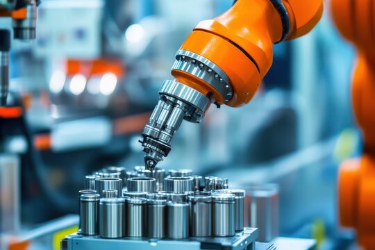 Industrial robot arm metal gripper automated factory line precision machine blue background orange robot assembly process manufacturing plant mechanical part industrial automation