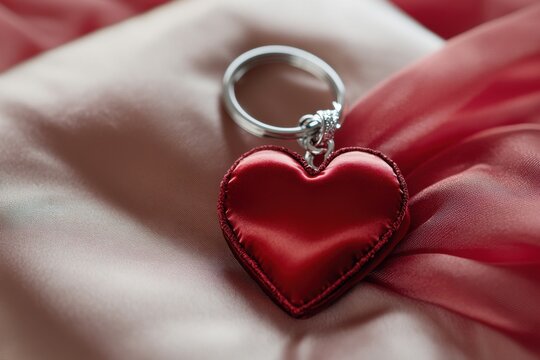 Red heart keyring on soft satin fabric, romantic accessory with shiny metal ring and fabric heart charm