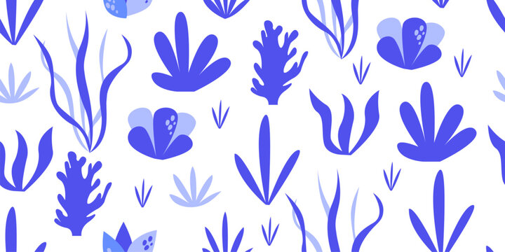 Blue underwater plants and coral seamless pattern for modern bathroom accessories maritime home textile and elegant ocean themed branding design illustration