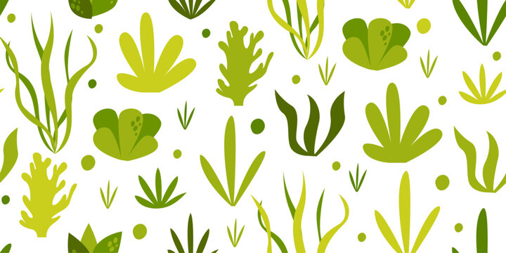 Green seaweed and algae seamless pattern for ecology projects ocean conservation awareness posters and botanical themed bathroom interior decor illustration