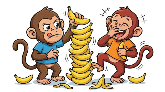 Playful Monkeys and Banana Shenanigans One's Frustration, the Other's Laughter Amidst a Fruit Pile