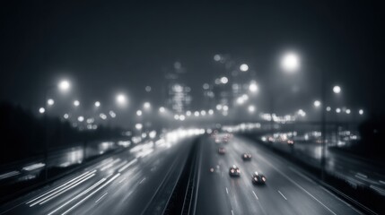 Obraz premium Blurred highway at night with illuminated traffic and city lights