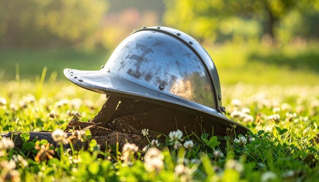 Authentic medieval steel kettle hat helmet with wide brim resting upside down in a sunny field of clovers, capturing a cinematic cinematic moment of historical peacefulness and morning light.