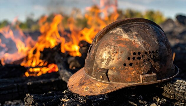 Heavily dented and rusted iron kettle hat helmet with ventilation holes and rivets rests on charred wood near a blazing fire, captured in a cinematic widescreen composition in the outdoors.