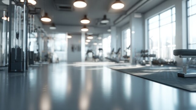 Modern gym interior with exercise equipment and natural light
