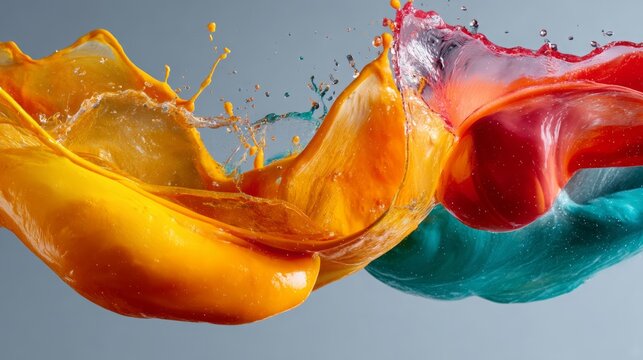Vibrant paint splashes merging with clear water, creating energetic abstract fluid art, showcasing dynamic motion, colorful liquid fluidity and creative explosion
