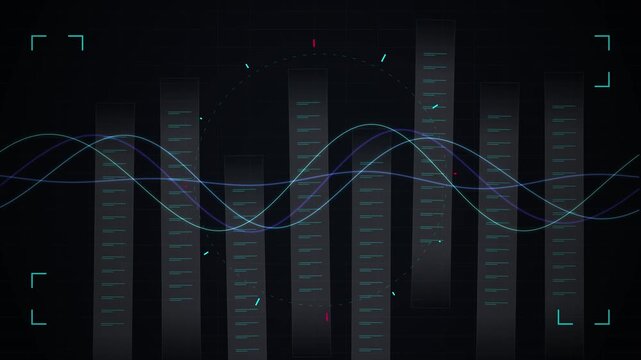 Digital interface with moving audio wave spectrum and data grid HUD