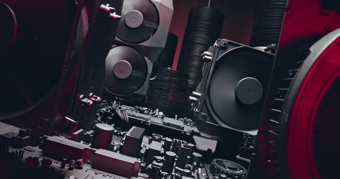 Working motherboards, fans and graphic cards. Camera move along components.