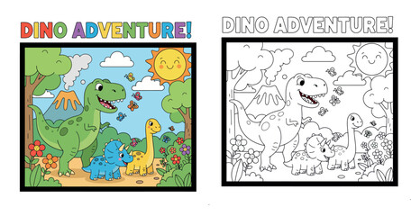 Cute Cartoon Dinosaurs Illustration featuring T-Rex, Triceratops, and Brachiosaurus in a Prehistoric Jungle with Volcano and Smiling Sun for Kids, Dino Adventure Graphic © Dewan