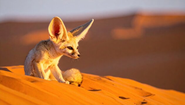 Adorable fennec fox with large ears sitting on golden sand dunes in the Sahara desert during golden hour, an enchanting wildlife scene showcasing the beauty of a small wild animal in its home.