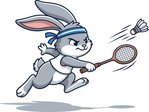 Energetic rabbit mascot playing badminton illustration with dynamic motion sporty character and competitive action scene