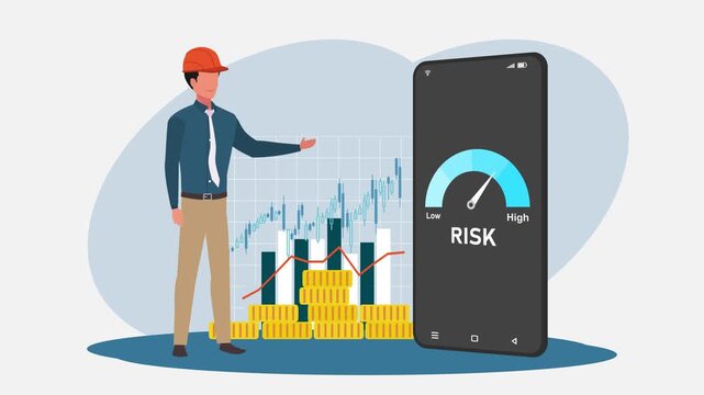 Businessman showing the risk level indicator on mobile phone screen. Risk management concept in industry and business.