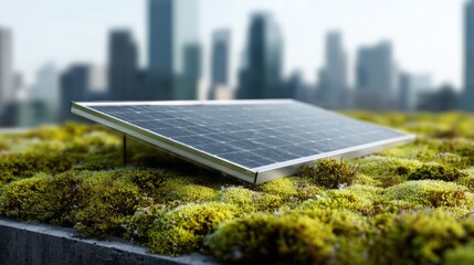 Fototapeta premium Single solar panel laying on a green moss roof capturing renewable energy with modern city skyline buildings in background, depicting sustainable urban living