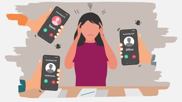A busy woman is disturbed by the many incoming phone calls. Hand holding a smartphone with incoming call from unknown, spam, and office.