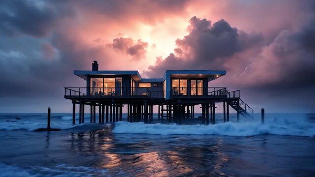 Modern house on stilts in ocean waves during a storm