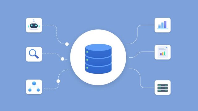 Animated illustration of a connected database system with analytics, search, and automation icons, suitable for data management and technology concepts.
