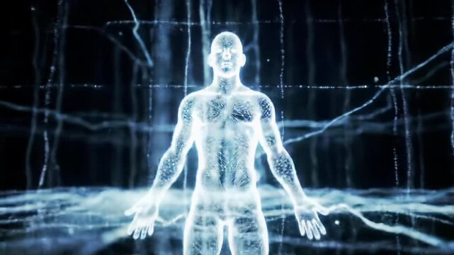 Futuristic abstract human form, luminous lines & glowing nodes, radiating expanding neural network data streams in deep digital void, cinematic crane video with soft bokeh. Concept of limitless AI