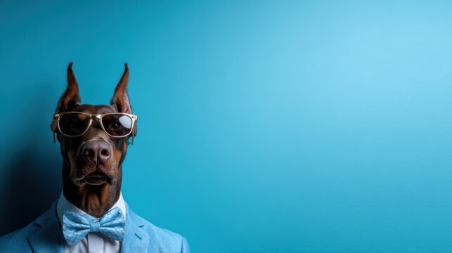 A sophisticated-looking dog wearing stylish sunglasses and a suit creates a whimsical and humorous portrayal of elegance and charm in the animal kingdom.