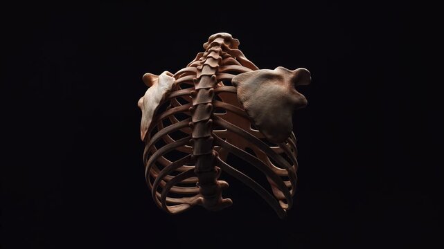 Realistic 3D model of a human rib cage and thoracic spine rotating on a solid black background.