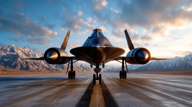 A striking black jet is poised on the runway under a stunning twilight sky, with majestic mountains in the background, showcasing its sleek profile and engineering marvel.