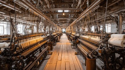 Fototapeta premium Industrial interior with machinery and wooden beams in historical setting