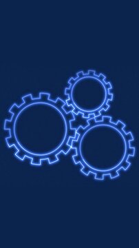Three neon blue gears interlocking on dark blue. Three neon blue gears cogs background. Three neon blue gears textured animation.