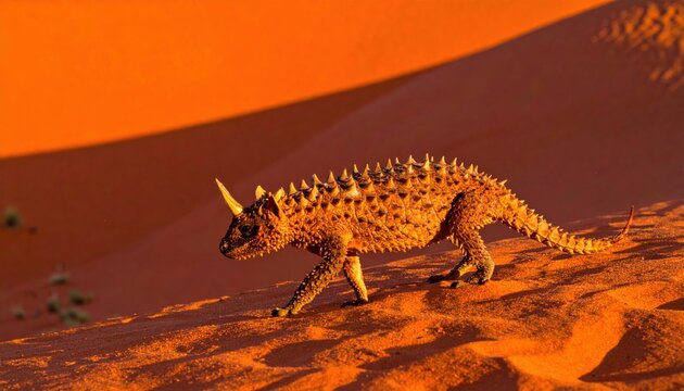 Thorny Devil Lizard Walking Across Red Sand Dunes in a Vast Desert, Featuring Sharp Protective Spikes and Unique Camouflage for Survival in the Arid Cinematic Outback Landscape.
