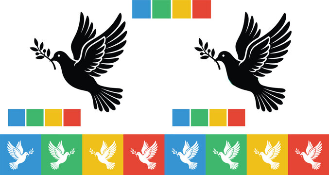 Peace Dove Vector Set Featuring Two Large Black Silhouettes and Eight Small White Bird Icons on Colorful Squares for International Peace Day