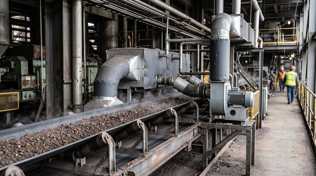 Close medium shot capturing conveyors equipped with heat recapture modules focusing on sustainable energy use in material handling processes.
